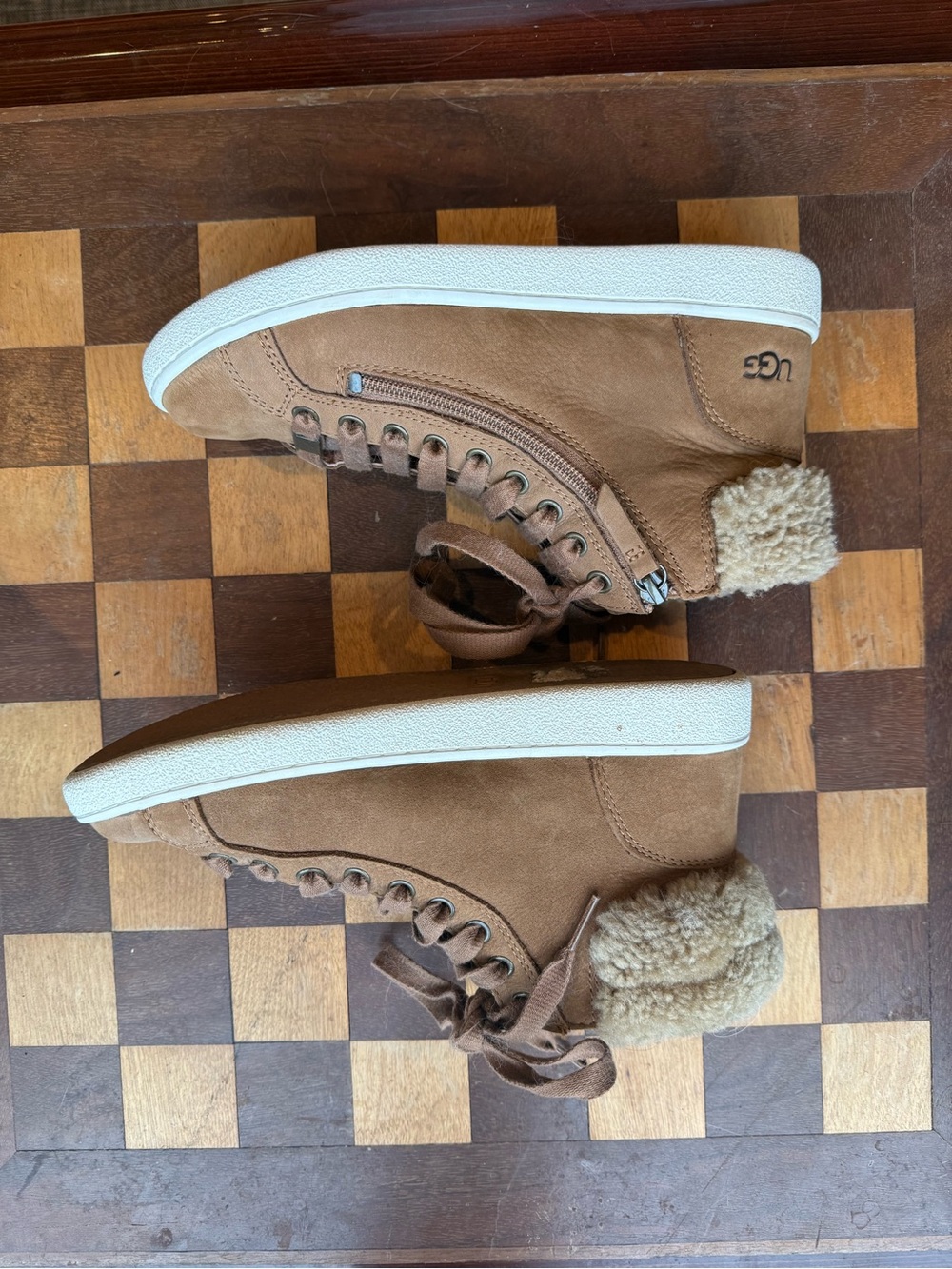 UGG Tan Suede Lace-Up Sneakers with Shearling Collar